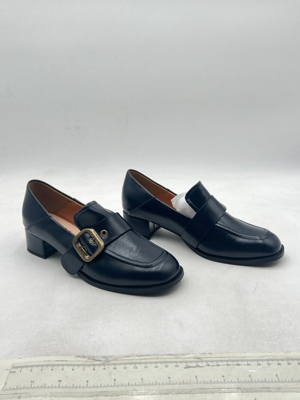 YDN Black Square Toe Loafers Slip on Block Low Heel Pumps Buckle Fashion Shoes - Picture 3 of 7